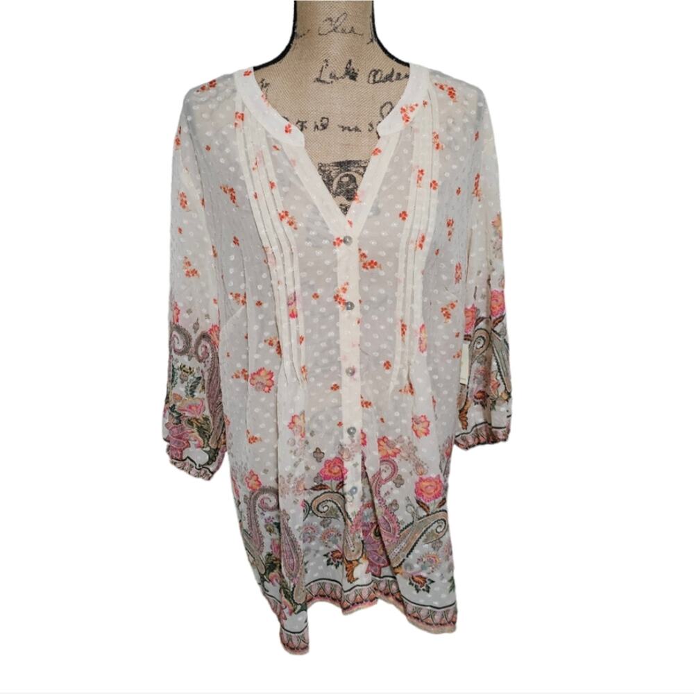 Anthropologie x Fig and flower Swiss Dot Pleated Slightly Sheer Blouse Plus Size